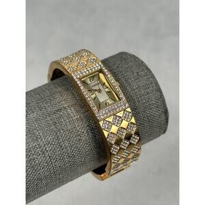 Elgin Watch Womens 17mm Chevron Rhinestone Bangle Cuff Gold Tone New Battery
